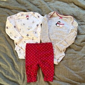 Carter's Red, Gray and White Baby Matching Set - Penguins & Dots